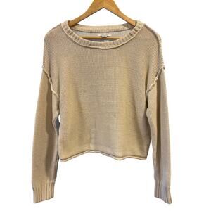 AE Cropped Oversized Beige White Knit Sweater Crew Neck 100% Cotton Cozy,Size XS